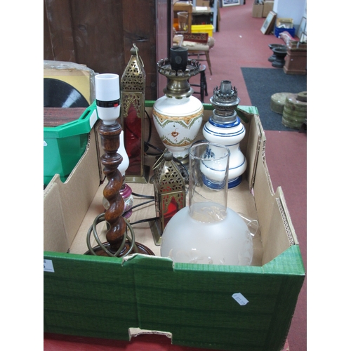 1066 - Oil lamps with glass chimneys, Barley twist oak lamp, etc:- One Box