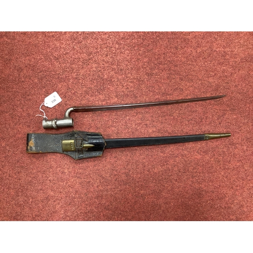 338 - British Enfield Pattern 1853 Socket Bayonet, scabbard and leather frog both bayonet and scabbard mar... 