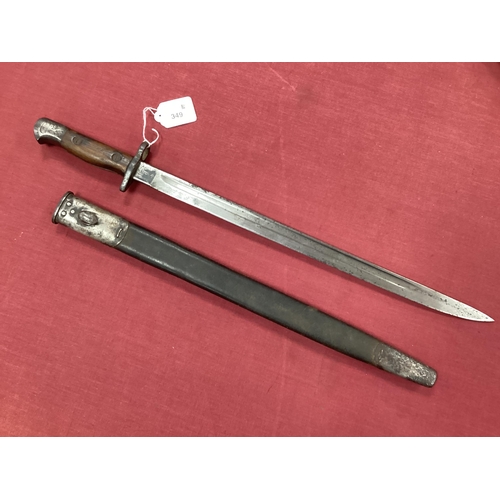 349 - British 1907 Pattern Bayonet and Scabbard, with various marks on blade ricasso including year '15'?,... 