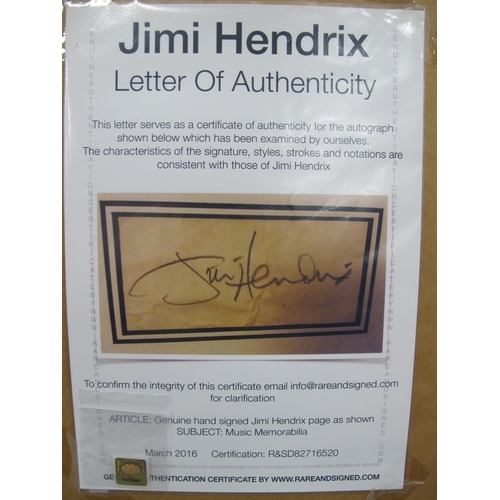 466 - Jimi Hendrix Signature, signed in pencil, with a nicely framed picture; together with a letter of Au... 