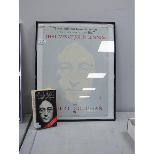 474 - The Lives Of John Lennon, by Albert Goldman, promotion card (47 x 34cm) in a frame, with a paperback... 