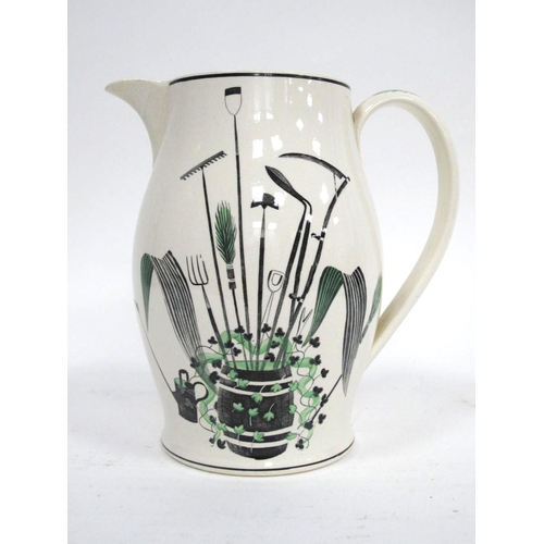 1077 - Eric Ravilious for Wedgwood Swollen Pottery Lemonade Jug, decorated with garden tools, the reverse w... 