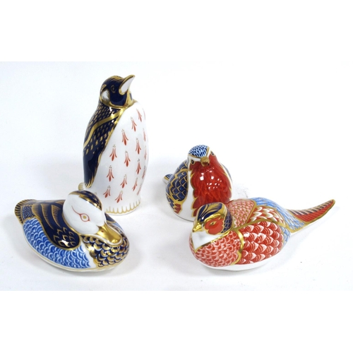 1167 - Four Royal Crown Derby Porcelain Paperweights, 'Penguin', 'Robin', 'Pheasant' (no stopper) and 'Duck... 