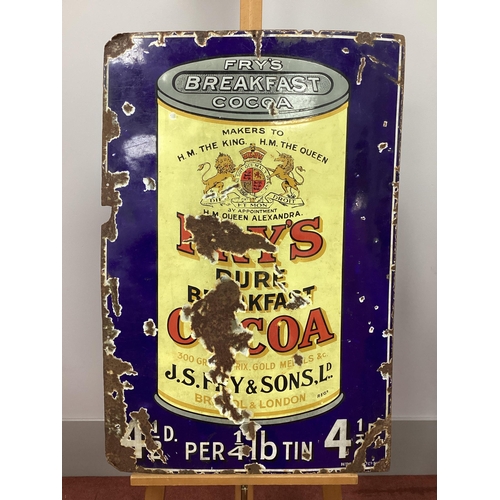 1265 - An Original Enamel Sign 'Fry's Breakfast Cocoa', showing a tin against a dark blue background, 92 x ... 