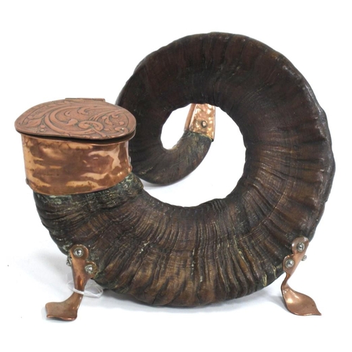 1296 - An Early XX Century Ram Horn Snuff Mull, the copper mounts with embossed Art Nouveau style decoratio... 