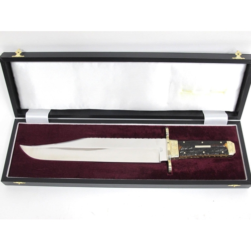 1301 - A Stan Shaw Bowie Knife, with stag scales, nickel silver engraved bolsters, workback to handle and b... 