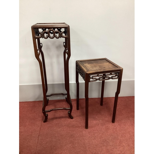 1525 - A XIX Century Chinese Hardwood Jardiniére Stand, with square top and pierced frieze on shaped suppor... 