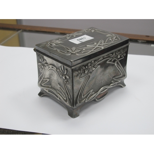 1282 - A Moritz Hacker Art Nouveau Pewter Trinket Box, of footed rectangular form with hinged lid, cast wit... 