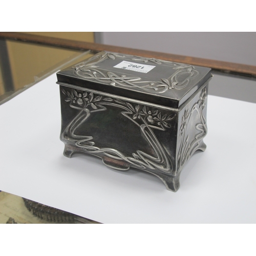 1282 - A Moritz Hacker Art Nouveau Pewter Trinket Box, of footed rectangular form with hinged lid, cast wit... 