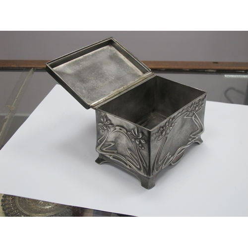 1282 - A Moritz Hacker Art Nouveau Pewter Trinket Box, of footed rectangular form with hinged lid, cast wit... 