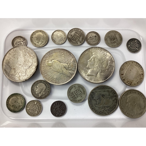 467 - Collection Of Silver Coins, including a USA 1921 'Morgan' Dollar, 1922 and 1923 USA 'Peace' Dollars,... 