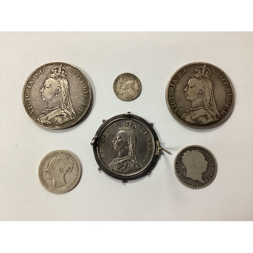 468 - Six GB XIX Century Silver Coins, including two 1889 Crowns, 1887 Half Crown in a mount, 1819 George ... 