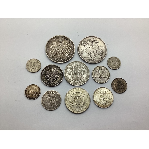 493 - Collection Of Mixed GB And World Silver Coins, including an 1889 GB Victoria Crown, 1903 William II ... 