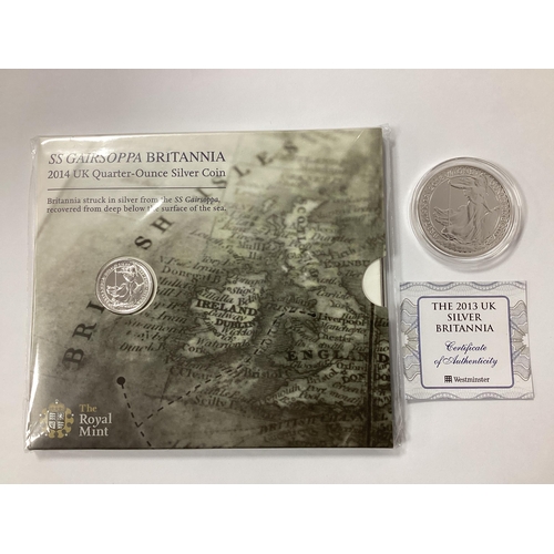 516 - 2013 UK Fine Silver 1oz Britannia Coin, together with a 2014 Royal Mint UK quarter-ounce fine silver... 