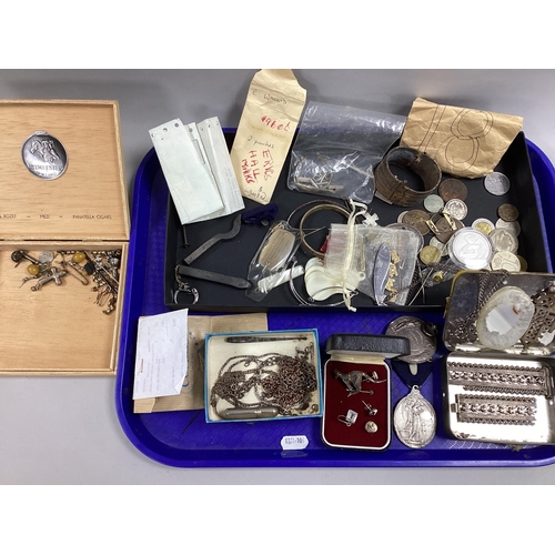 12 - Assorted Medallion Style Pendants and Medals, coinage, a novelty fish penknife, chains, bangles, etc... 