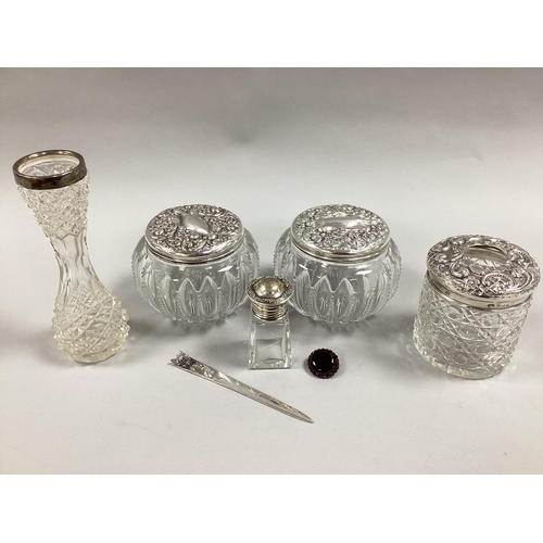 16 - A Pair of Chester Hallmarked Silver Lidded Dressing Table Glass Jars, together with a hallmarked sil... 