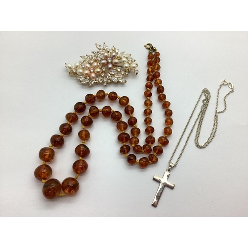 30 - An Amber Coloured Single Strand Graduated Bead Necklace, an Akiswhere multi-coloured pearl bead set ... 