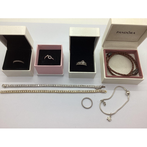 4 - A Collection of Pandora Jewellery, to include Princess ring, weaved bracelet, open heart ring stampe... 
