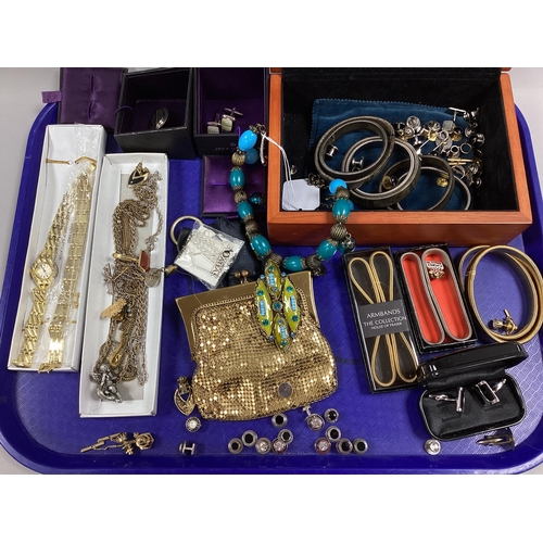 42 - Costume Jewellery, sleeve bands, gilt metal purse, tie pins, dress studs, etc :- One Tray