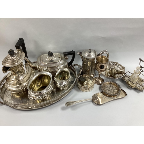 44 - An Art Nouveau Style Four Piece Plated Tea Set, together with a plated gallery style tray; crumb sco... 