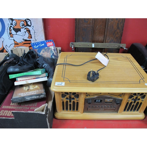 1010 - A Retro Music Centre, in oak style case, trouser press, Armani men's leather shoes:- One Box