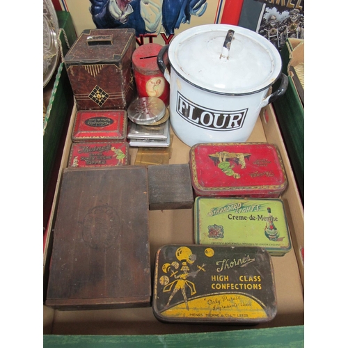 1013 - Enamelled Flour Tin, Crawford's, Thorne's, V-All-No, and other tins, compacts:- One Box.