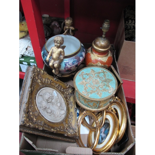 1024 - Resin Classical Wall Plaque, in gilt frame 29.5cm wide overall, table lamp, pottery bowl with cherub... 