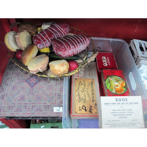 1032 - Basket of Faux Fruit, Bread and Meat, Edwardian stool, tins, etc.