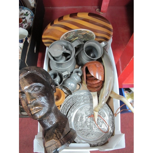 1034 - Bradex Pewter Plates, horn ladles, pewter measures, treen ware, ethenic bust:- One Box