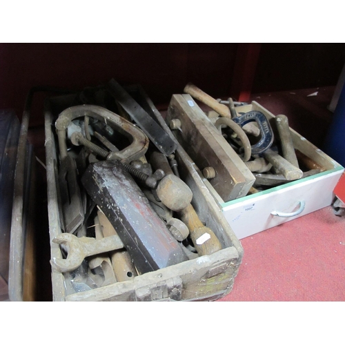 1037 - Tools - G Clamps, Record small plane, spanners, hammer etc, in two boxes.