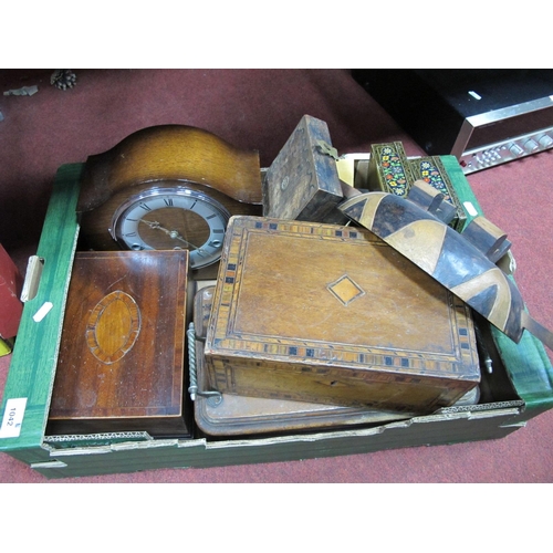 1042 - Inlaid and Other Workboxes, 1930's clock, desk stand, bone spoons, etc:- One Box