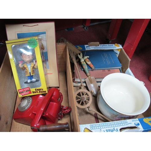 1046 - Victorian Iron, red telephone, Victorian potty, books, wooden cart, etc:- Two Boxes