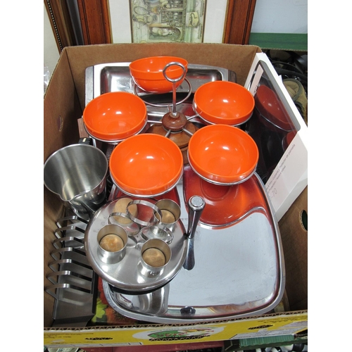 1050 - Luthje Wood Denmark Lazy Susan with Orange Plastic Bowls, chrome, stainless steel kitchenware, etc:-... 