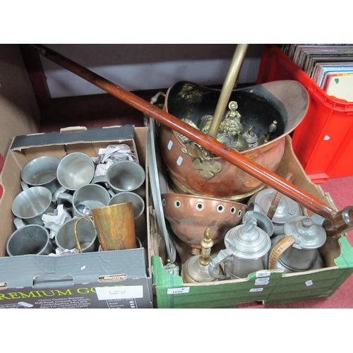 1090 - Copper Log Bucket, posser stick, brass and pewter wares:- Two Boxes