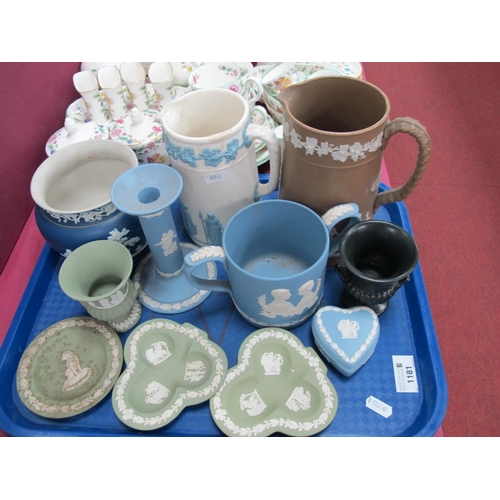 1181 - Wedgwood Jasper Two Handled Mug, candlestick, pin trays, etc:- One Tray.