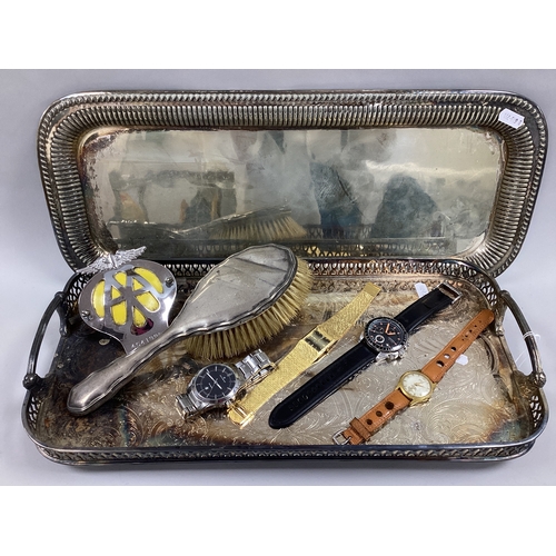 13 - A Hallmarked Silver Backed Hair Brush, together with two rectangular plated trays, together with an ... 