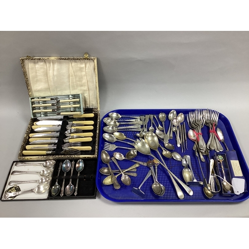 17 - Assorted Plated Cutlery, including a set of three hallmarked silver teaspoons, a hallmarked silver K... 