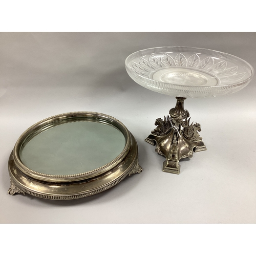 20 - A Victorian Plated Table Centrepiece and Mirror Plateau, the semi frosted circular glass dish (23.5c... 