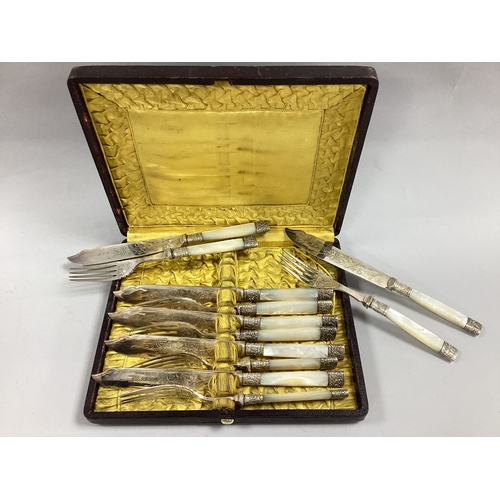 22 - A Set of Six c.Late XIX / Early XX Century Mother of Pearl Handled Fish Knives and Forks, each with ... 