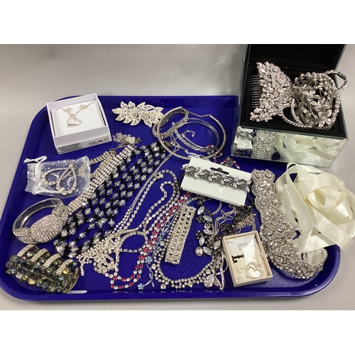 5 - An Assortment of Diamanté Set Jewellery, to include ribbon belt, faceted bead necklace, hinged bangl... 