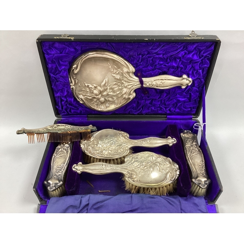 51 - WITHDRAWN A Decorative EPNS Backed Art Nouveau Style Dressing Table Set, comprising hand mirror, com... 