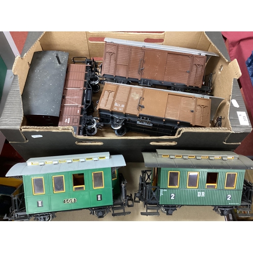 373 - Six 'G' Gauge Unboxed Rolling Stock, comprising three L.G.B four wheel items, two D.R 2nd green coac... 