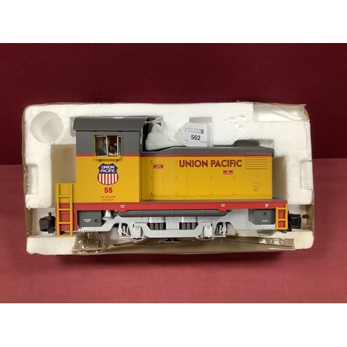 562 - U.S.A Trains 'G' Gauge 0-4-0 'Union Pacific' Switcher, overall yellow/grey livery R/No 55, good unbo... 