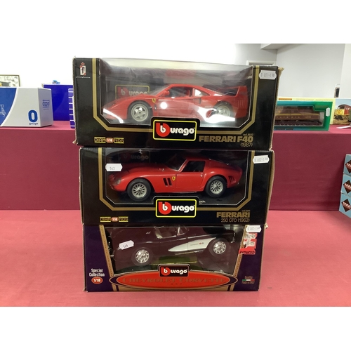 563 - Three Burago 1:18th Scale Diecast Models comprising of Chevrolet Corvette 1957, Ferrari 250 GTO 1962... 