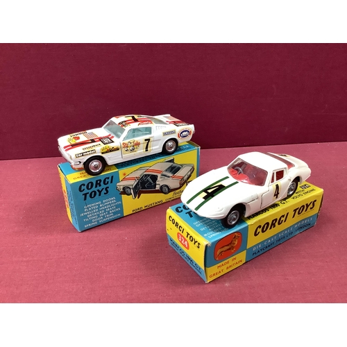 672 - Original Corgi 324 Marcos 1800 GT, white and Corgi 325 Ford Mustang 2+2, white, both with transfers ... 