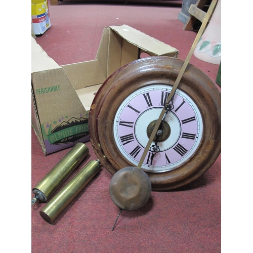 1040 - XIX Century Postman's Wall Clock with pink enamel chapter ring, numerals, two brass weights,