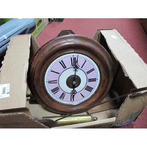 1040 - XIX Century Postman's Wall Clock with pink enamel chapter ring, numerals, two brass weights,