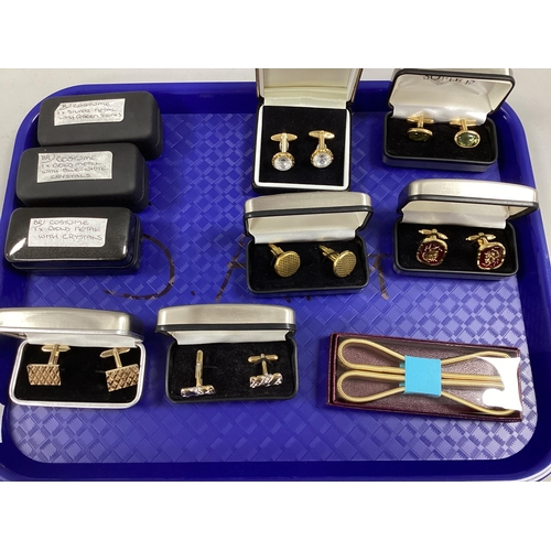 112 - Six Pairs of Gilt Coloured Gent's Cufflinks, to include diamanté set, geometric pattern, Roman intag... 