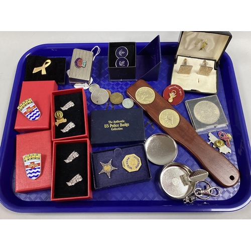 113 - Cufflinks and Enamel Badges, coins, vintage Windermere souvenir box etc.