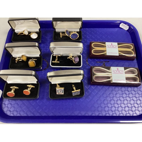 114 - Six Pairs of Gilt Coloured Gent's Cufflinks, to include hardstone rubover set, Art Deco style mother... 